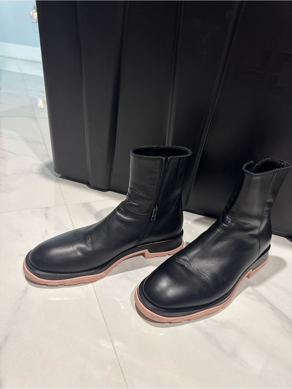 Alexander McQueen Black Leather Ankle Boots with Pink Outsole